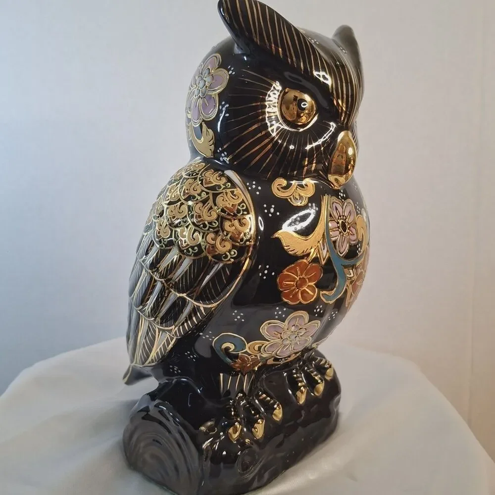 Japanese Kutani Owl Porcelain Figurine Mori Gold Painted Fukuro Lucky Owl Vintag